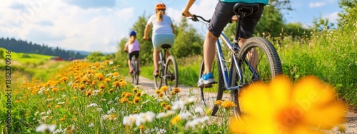 Family Bicycle Ride on Scenic Pathway Surrounded by Wildflowers