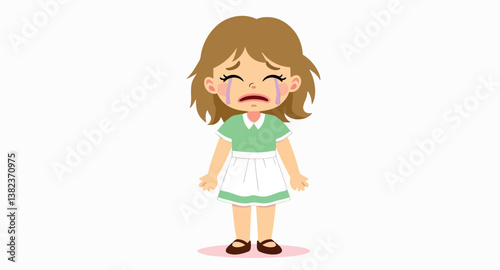 of a sad young girl in green dress crying