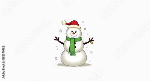 playful snowman in santa hat and green scarf
