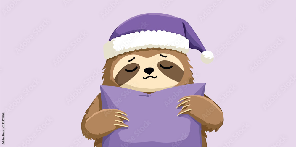 sleepy sloth wearing a purple sleep cap holds a lavender pillow. sleepy sloth wearing a purple sleep cap holds a lavender pillow.