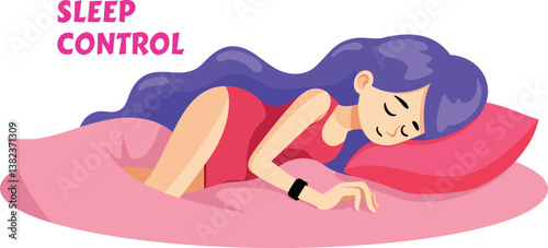young woman with vibrant purple hair peacefully sleeping on a pink pillow and bedding.
