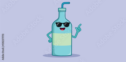 playful bottle character with sunglasses pointing upwards