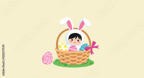 cheerful child in a bunny costume sits in a basket with easter eggs