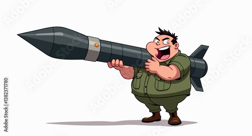 cheerful cartoon man in olive-green uniform playfully holds a large