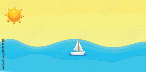 small sailboat floats serenely on a calm blue sea under a bright yellow sun