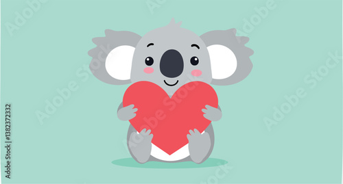 adorable cartoon koala gently holding a big red heart