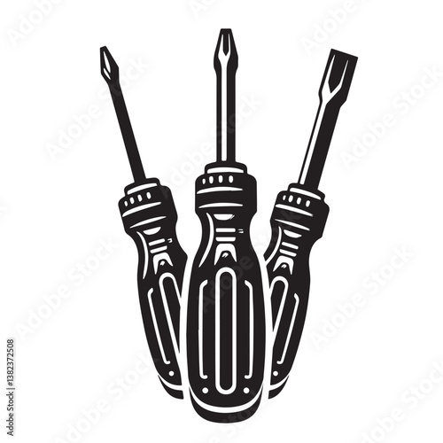 Black Color Screwdriver (Phillips) Silhouette Vector Illustration, Solid White Background
