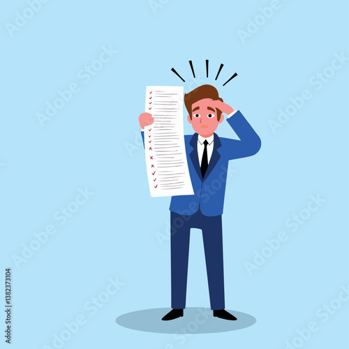 stressed businessman holding a long checklist showing signs of overwhelm
