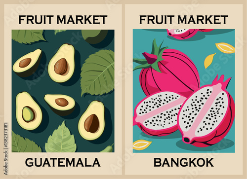 Fruit market retro posters Guatemala and Bangkok with avocado and dragon fruits. Kitchen wall art. Colorful vector illustrations