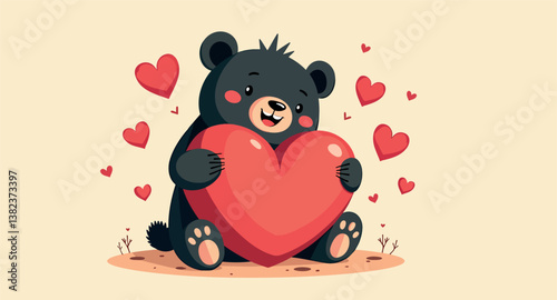 adorable black bear tenderly holding a large red heart