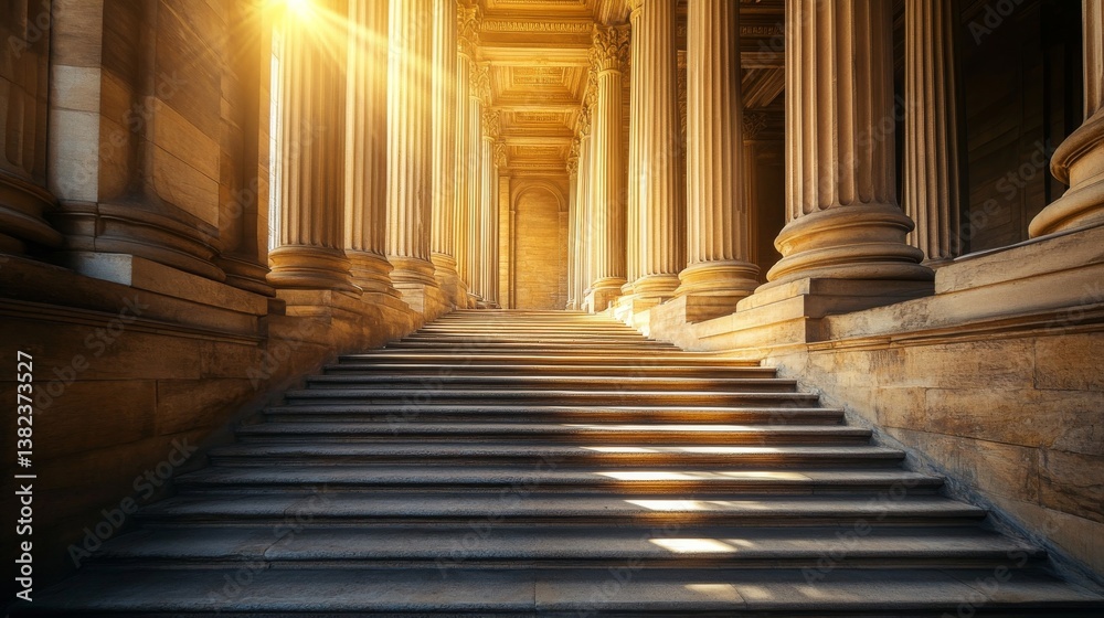 Fototapeta premium 44.A grand staircase leading to a row of classical stone columns, with intricate carvings and sunlight highlighting the timeless architecture.
