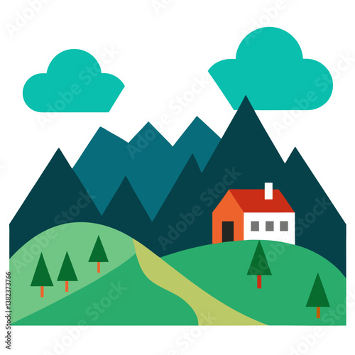 landscape with mountains and house
