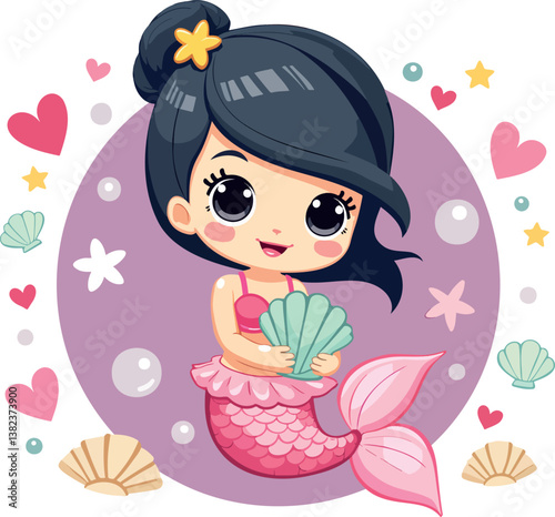 adorable little mermaid with pink tail holding a