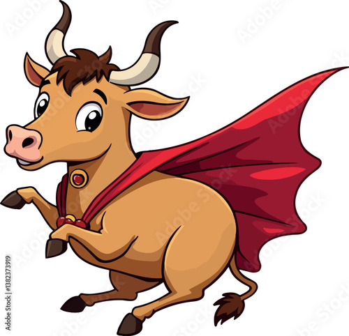 playful cartoon bull in red cape