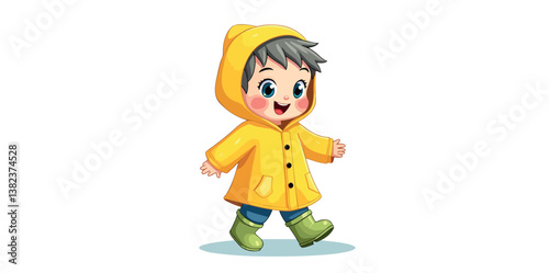 cheerful toddler in a yellow raincoat happily walks