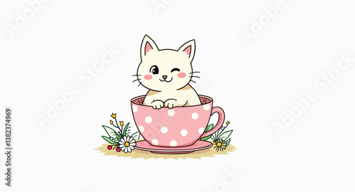 adorable cartoon cat sitting in a pink polka-dotted teacup