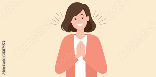 smiling woman expressing gratitude with clasped hands