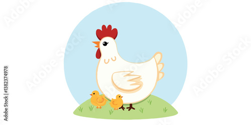 white hen with two yellow chicks on a green hill