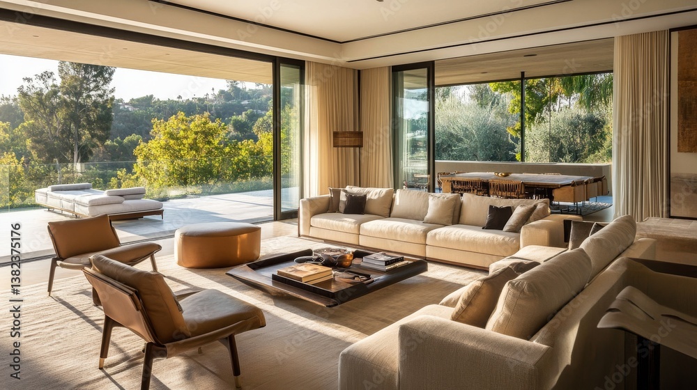 Obraz premium 108.A modern living room with a neutral palette, a comfortable L-shaped sofa, a statement armchair, and large sliding glass doors leading to an outdoor terrace.