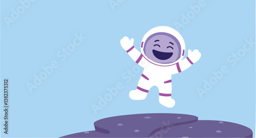 joyful purple alien astronaut jumping in space