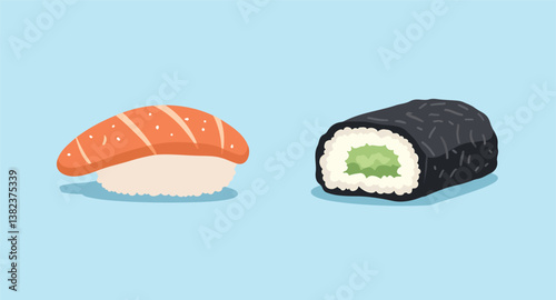 close-up view of a salmon nigiri and avocado maki sushi pieces