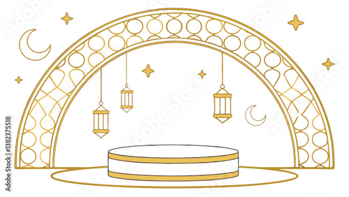 Islamic Astronomy Illustration with Telescope, Crescent Moon, and Lanterns