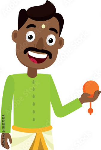 cheerful man in green clothing holding a small round object