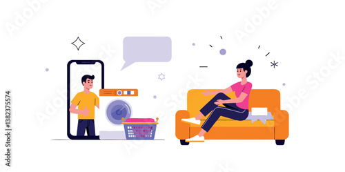 woman uses a mobile laundry service while relaxing on her couch