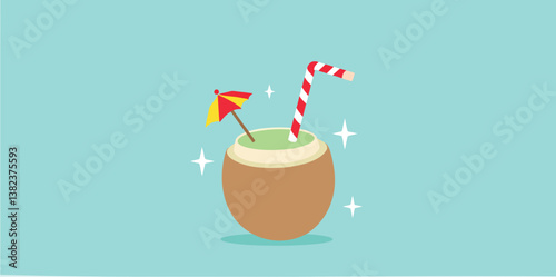 refreshing coconut drink with umbrella and straw