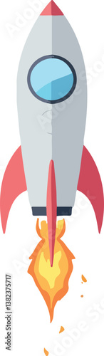 white ship with red fins blasts off leaving a trail of vibrant and yellow flames.