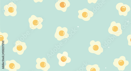 multiple fried eggs with yellow yolks scattered on a soft teal background.