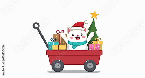 cheerful cat in red wagon with christmas gifts and tree
