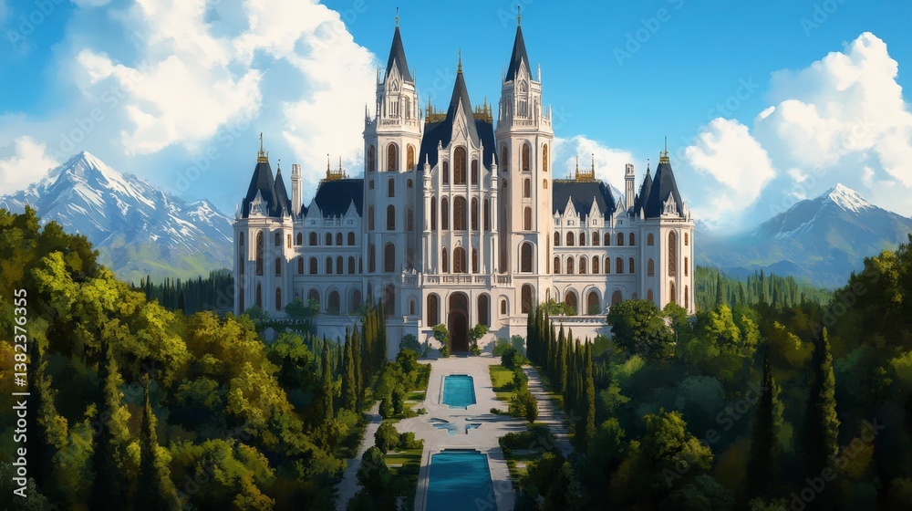 Fototapeta premium Majestic Renaissance Style Castle Surrounded by Lush Landscape and Clear Blue Sky