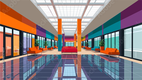 Large modern empty shopping mall interior with a lot of boutiques, stores. Vector colorful illustration in vivid bright color palette