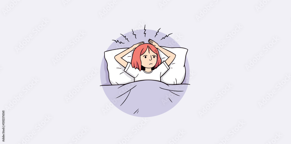 young woman suffering from insomnia lies in bed with hands on her showing signs of distress and discomfort.