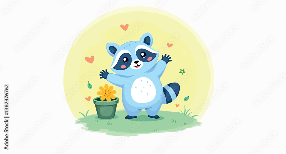 Obraz premium cheerful raccoon with flower in pot