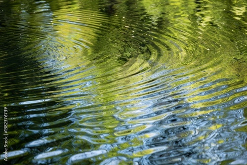 A close-up shot of gently rippling water reflecting the green hues of the surrounding trees, Reflective ripples gently caressing the surface of a serene pond