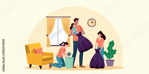 happy family actively participates in household cleaning chores together