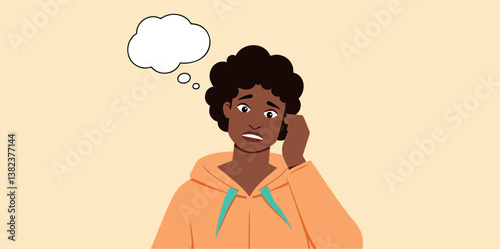 pensive young person with curly hair contemplates an idea