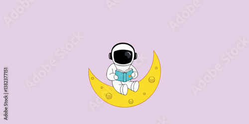 astronaut engrossed in reading a book while sitting on a moon.