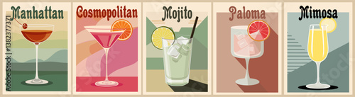 Cocktails retro poster set. Mojito, Mimosa, Manhattan, Cosmopolitan, Paloma. Collection of popular alcohol drinks. Vintage style vector illustrations, bar, pub, restaurant, kitchen wall art print