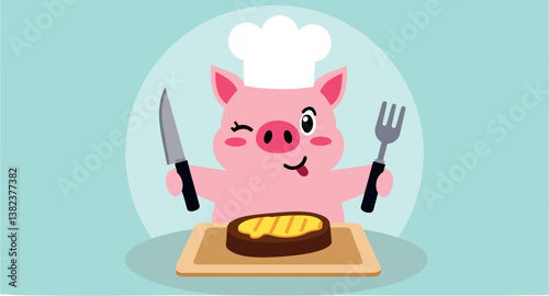 playful pink pig chef presents sizzling steak