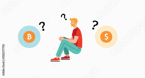 young man deciding between bitcoin and dollar