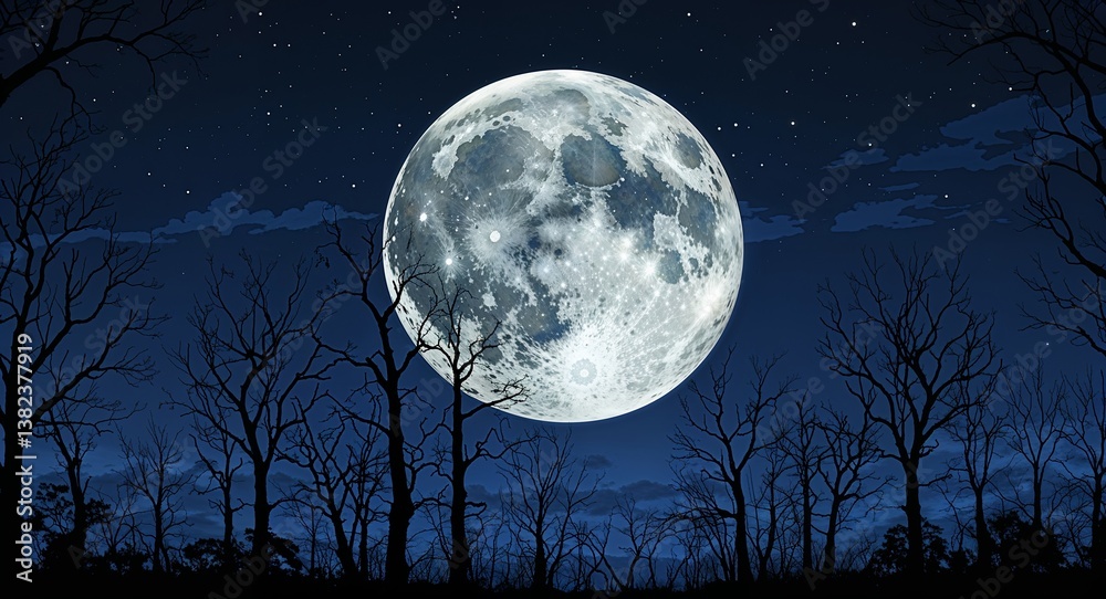 Fototapeta premium Full moon over a silhouette of bare trees in an eerie night sky anime cartoon style illustration artwork design background