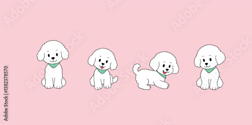 four white fluffy poodle puppies in playful poses on pink background