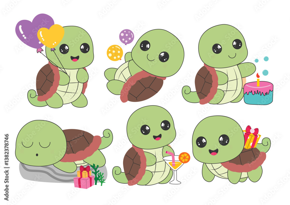 Obraz premium Turtle birthday character clipart drawing set. Cute tortoise icon clip art with party elements like heart balloons, cake, gift box, and juice in enjoy and happy face outline collection vector 