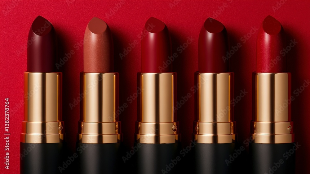Obraz premium Aesthetic Arrangement of Matte and Glossy Lipsticks on Red Background
