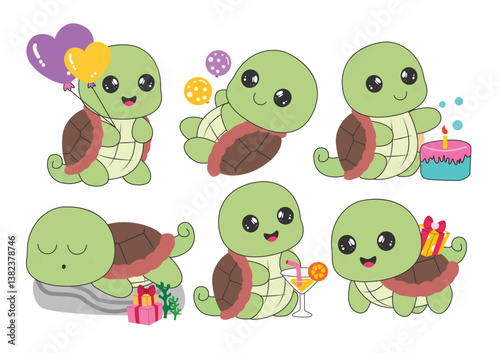 Turtle birthday character clipart drawing set. Cute tortoise icon clip art with party elements like heart balloons, cake, gift box, and juice in enjoy and happy face outline collection vector 