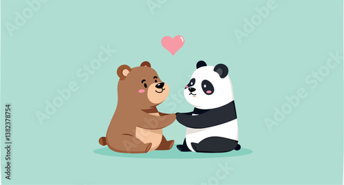 adorable bear and panda holding hands symbolizing friendship and love