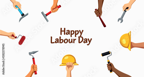 diverse hands holding assorted tools celebrate labor day